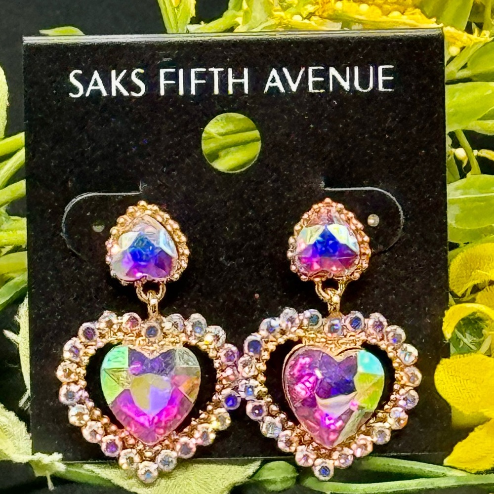Elegant Saks Fifth Avenue AB Heart Crystal Post With Drop Crystal Heart Ear